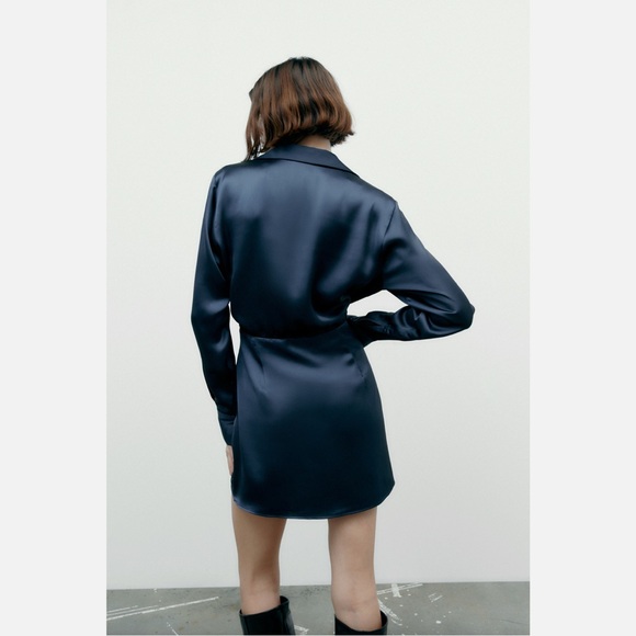 ZARA Satin Effect Short Dress Long Sleeve Navy Blue - Picture 3 of 4